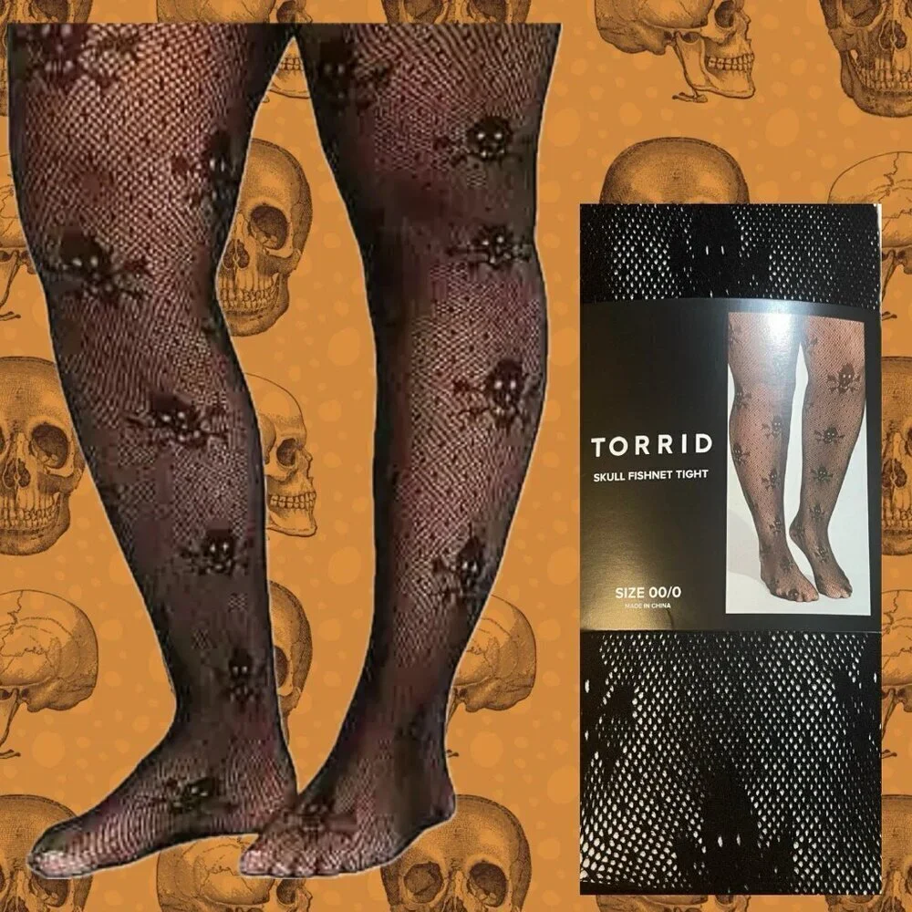 Torrid Med/Large Halloween Black Fishnet Skull Graphic Stretch Tights
